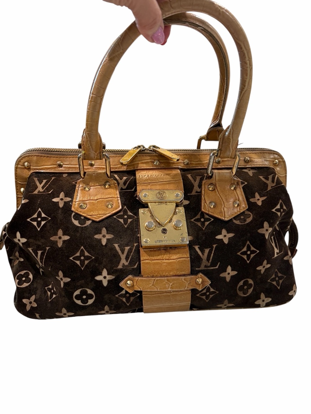 Designer handBag with Monogram Velvet and Leather Trim